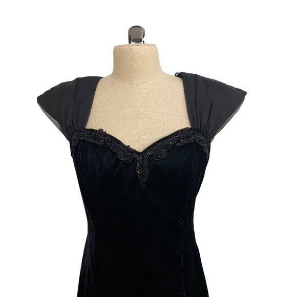Vintage Steppin Out Black Velvet Evening Dress With Sheer Cap Sleeves and Beaded - Picture 2 of 13